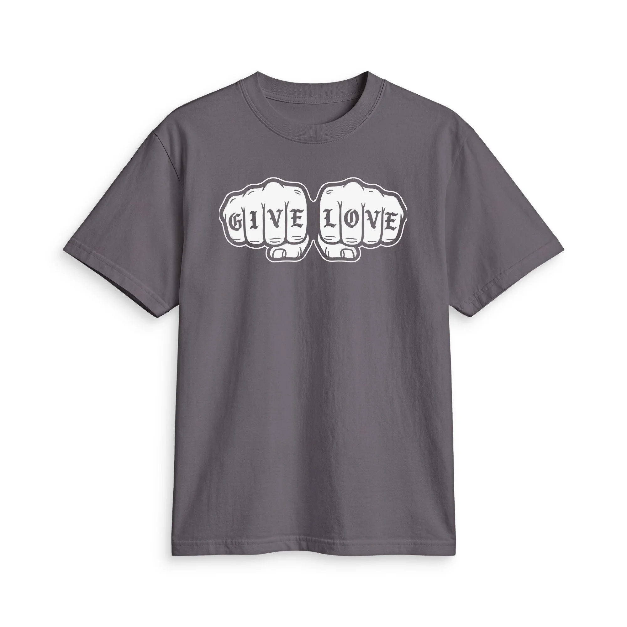 Dark Grey GIVE LOVE T, front view with white tattoo-style fists spelling GIVE LOVE across the knuckles
