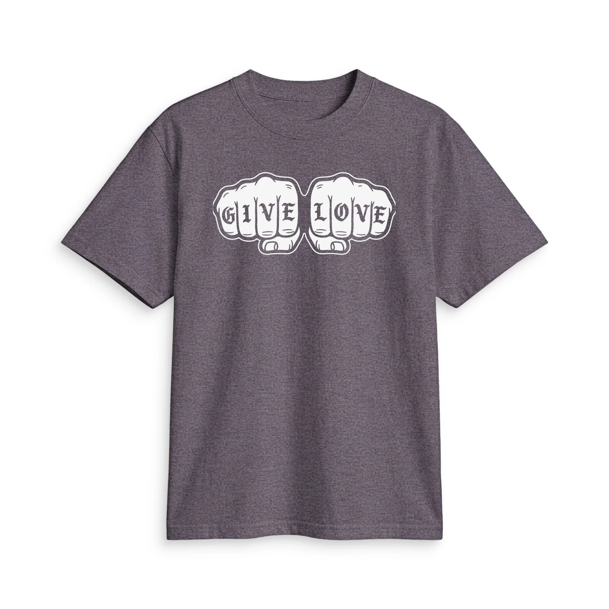 Charcoal Grey GIVE LOVE T, front view with white tattoo-style fists spelling GIVE LOVE across the knuckles