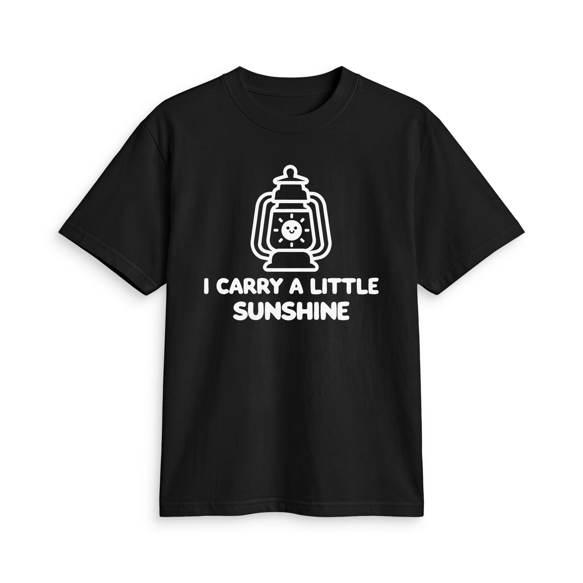 Black I CARRY A LITTLE SUNSHINE T, front view showing the white printed design