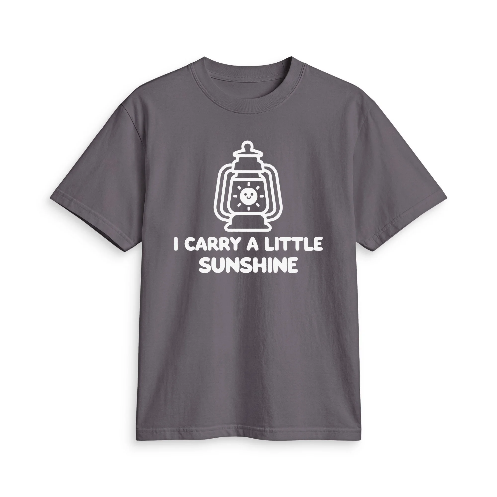 Dark Grey I CARRY A LITTLE SUNSHINE T, front view showing the white printed design