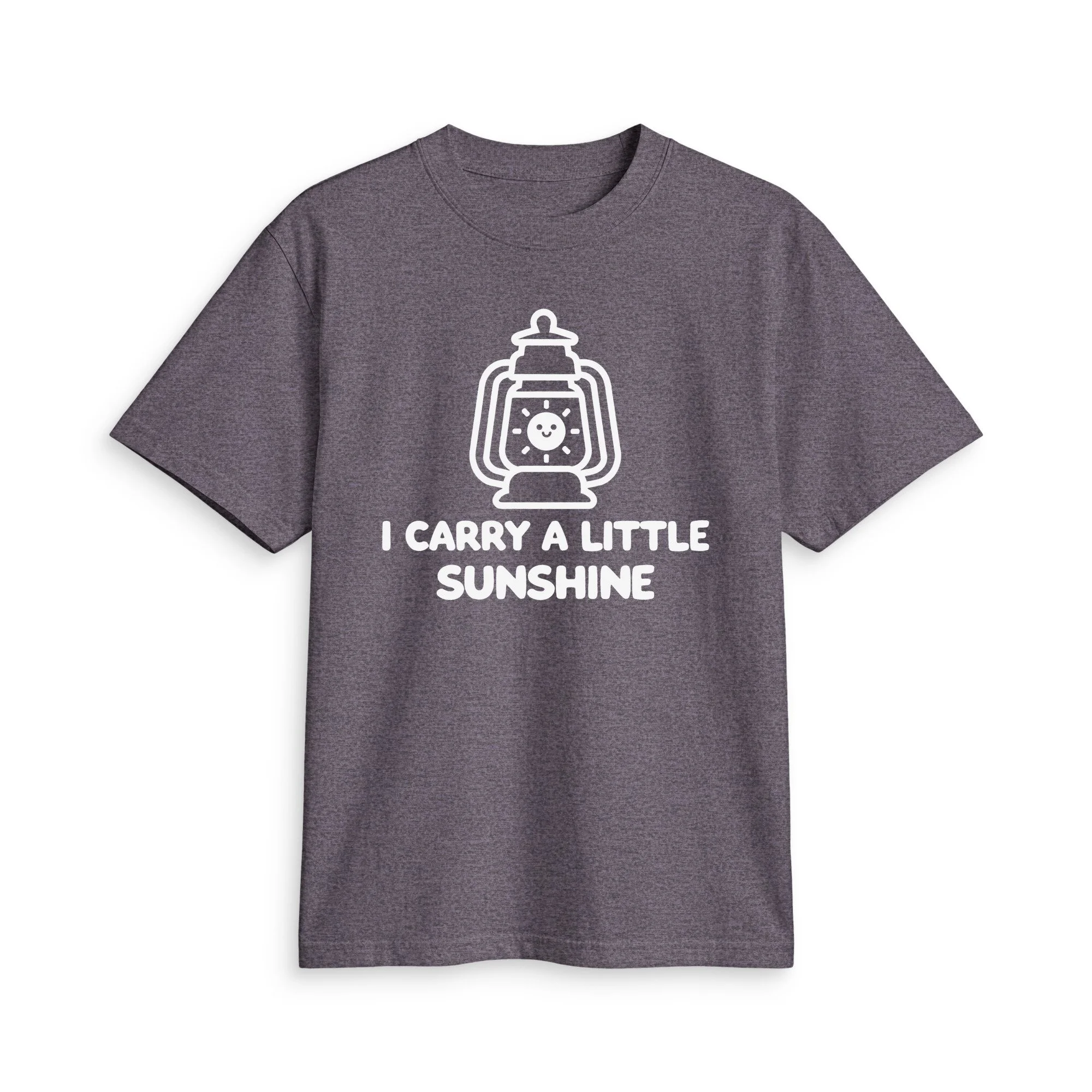 Charcoal Grey I CARRY A LITTLE SUNSHINE T, front view showing the white printed design