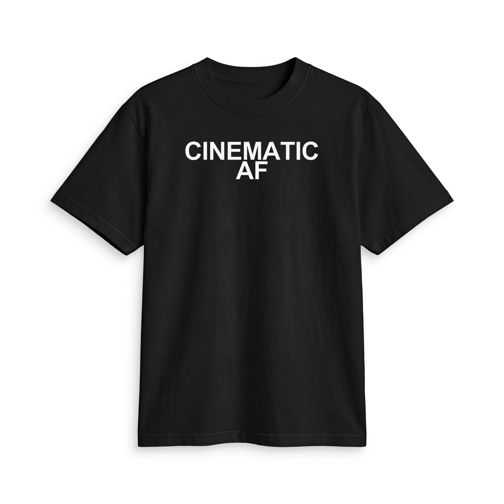 Black CINEMATIC AF T-shirt, front view with bold white lettering across the upper chest