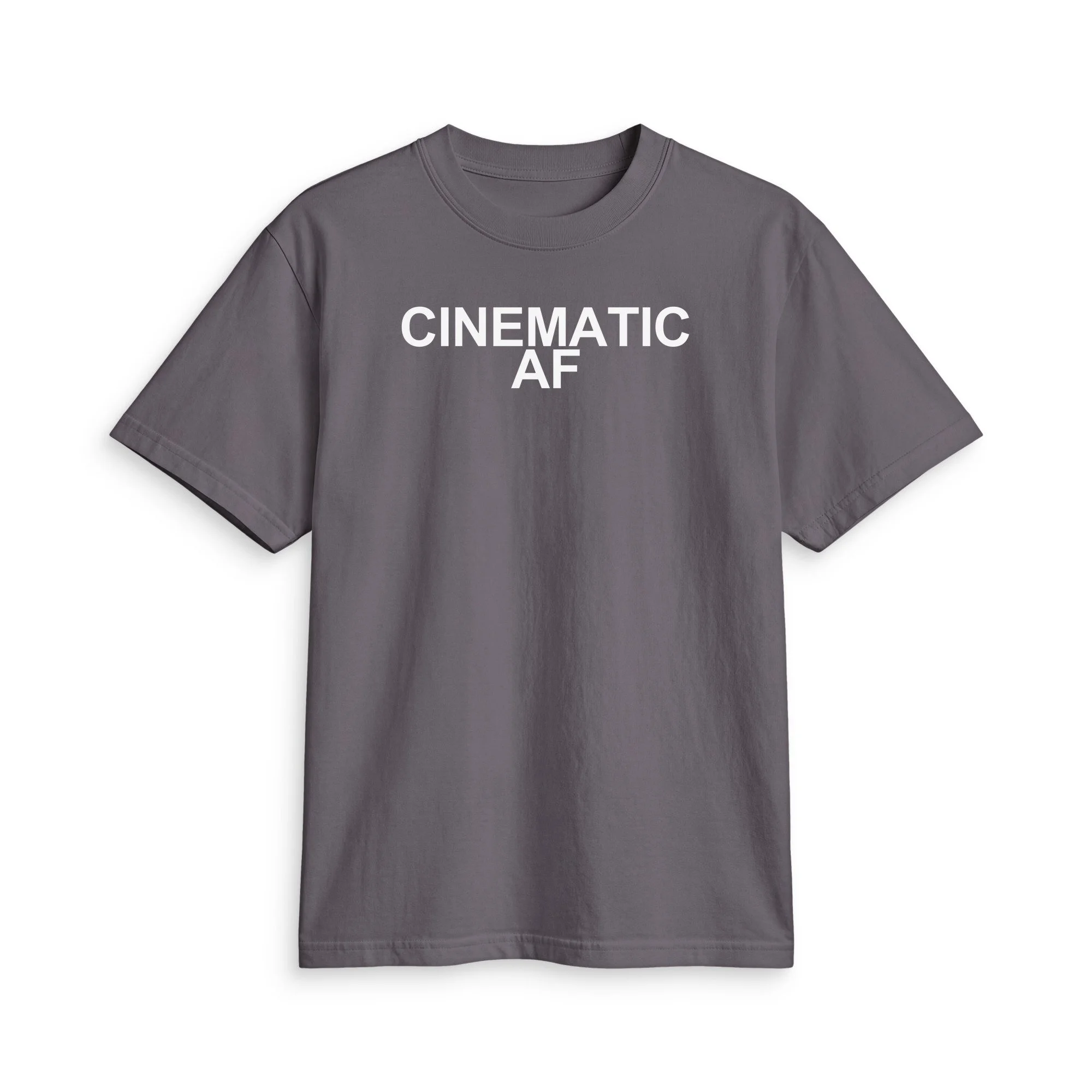 Dark Grey CINEMATIC AF T-shirt, front view with bold white lettering across the upper chest