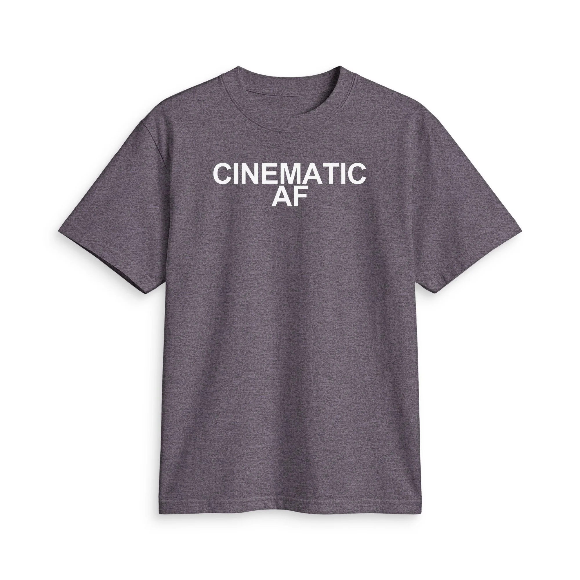 Charcoal Grey CINEMATIC AF T-shirt, front view with bold white lettering across the upper chest