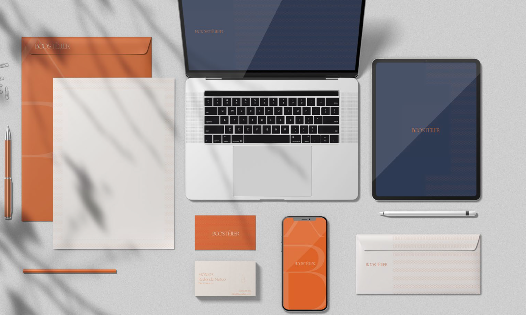 Identidad corporativa completa: papelería, tarjetas y branding.