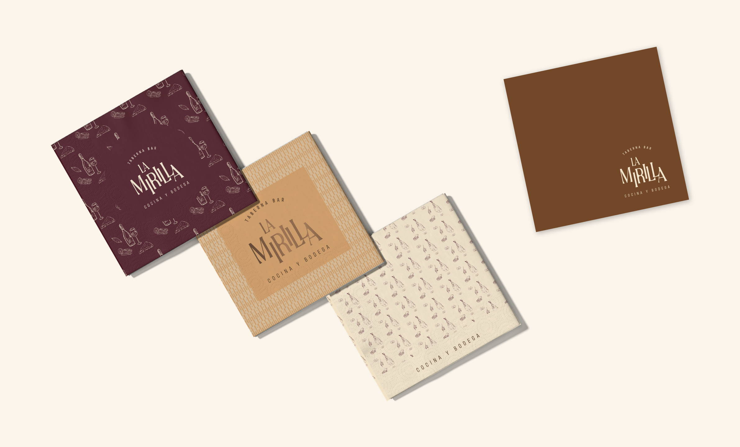 Diseño de cartas y colaterales para La Mirilla, Taberna Bar Cocina y Bodega — branding editorial.