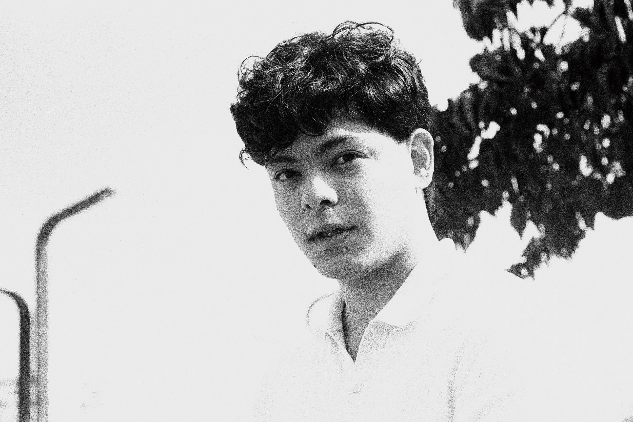 Black and white portrait of a young man with curly hair, looking toward the camera, with a tree and a blurred street sign in the background.