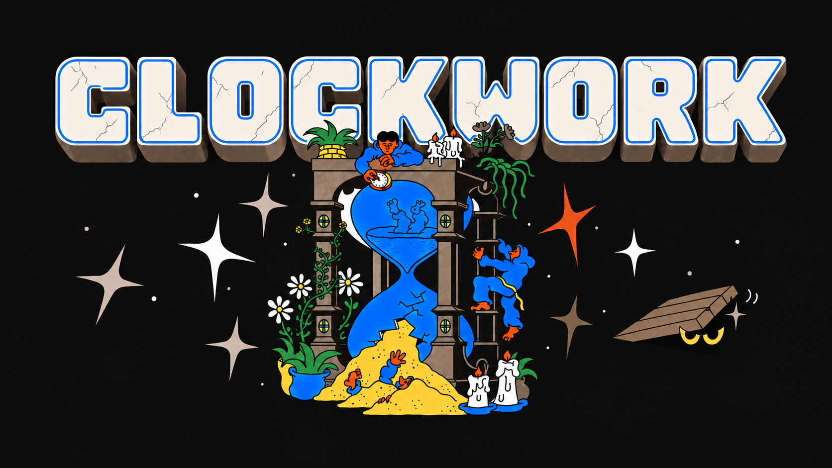 CLOCKWORK in cracked cream lettering with blue accents above a surreal hourglass, stars, and a trapdoor.
