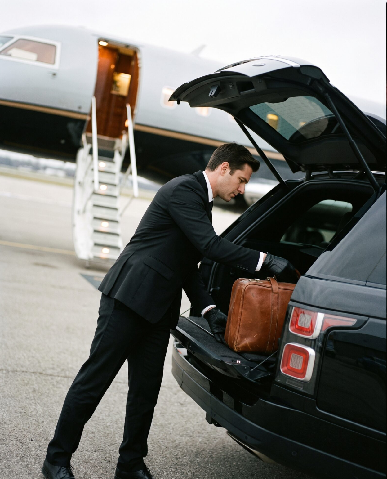 Chauffeur loading luggage beside a private jet at a Washington DC airport
