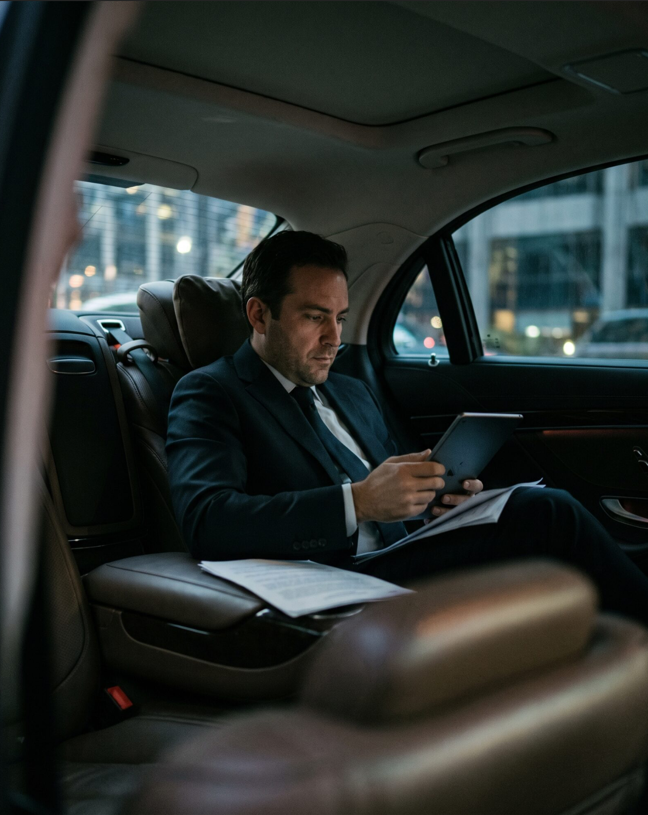 Executive reviewing documents in the back seat of a chauffeured car