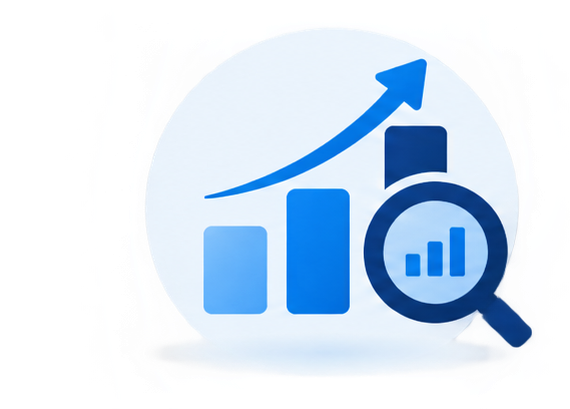 Blue growth chart with a magnifying glass representing ongoing cybersecurity risk monitoring and visibility.