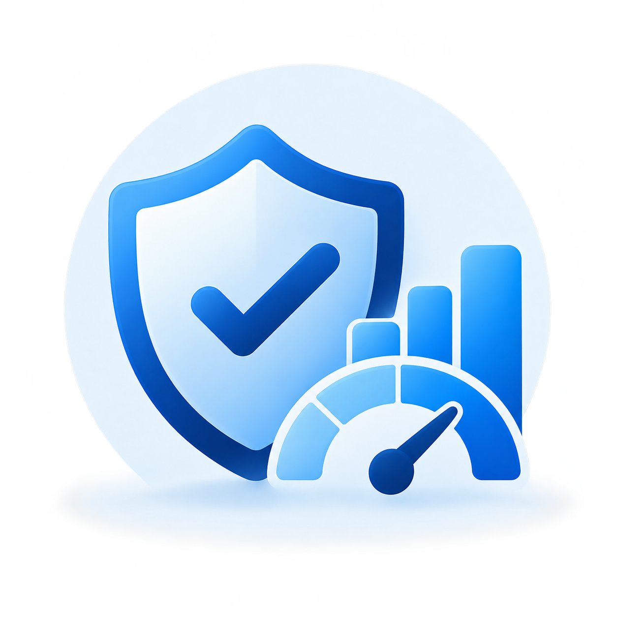 Blue security shield with a checkmark, bar chart and gauge representing Essential Eight cybersecurity maturity assessments.