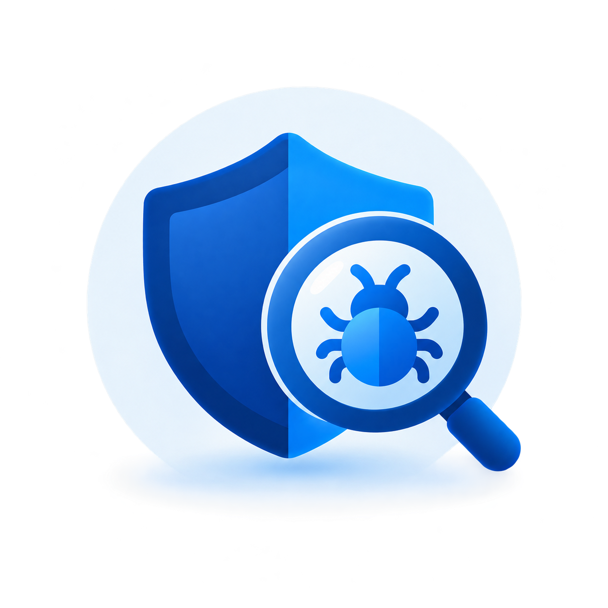 Blue security shield with a magnifying glass highlighting a software bug, representing penetration testing and vulnerability identification.
