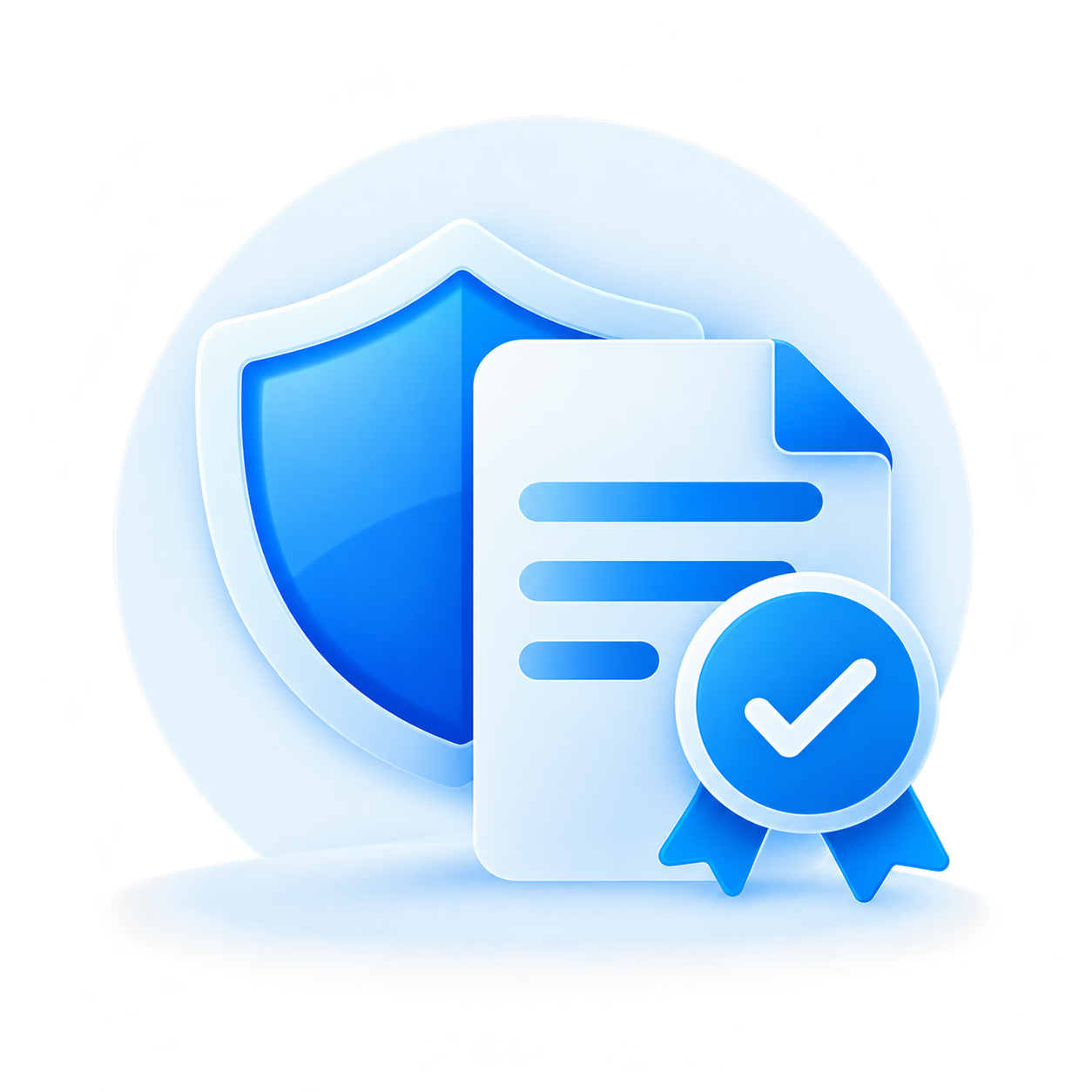 Blue security shield with an assessment document and checkmark badge representing independent cybersecurity assurance.