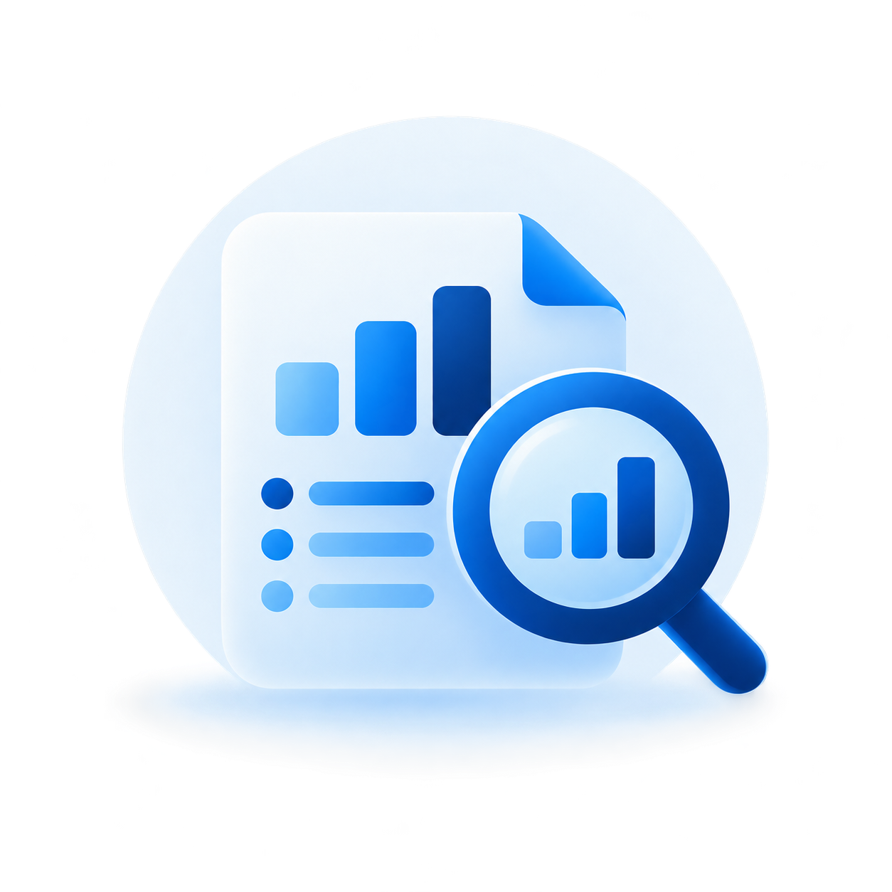 Blue security assessment report with charts and a magnifying glass representing penetration testing findings and reporting.