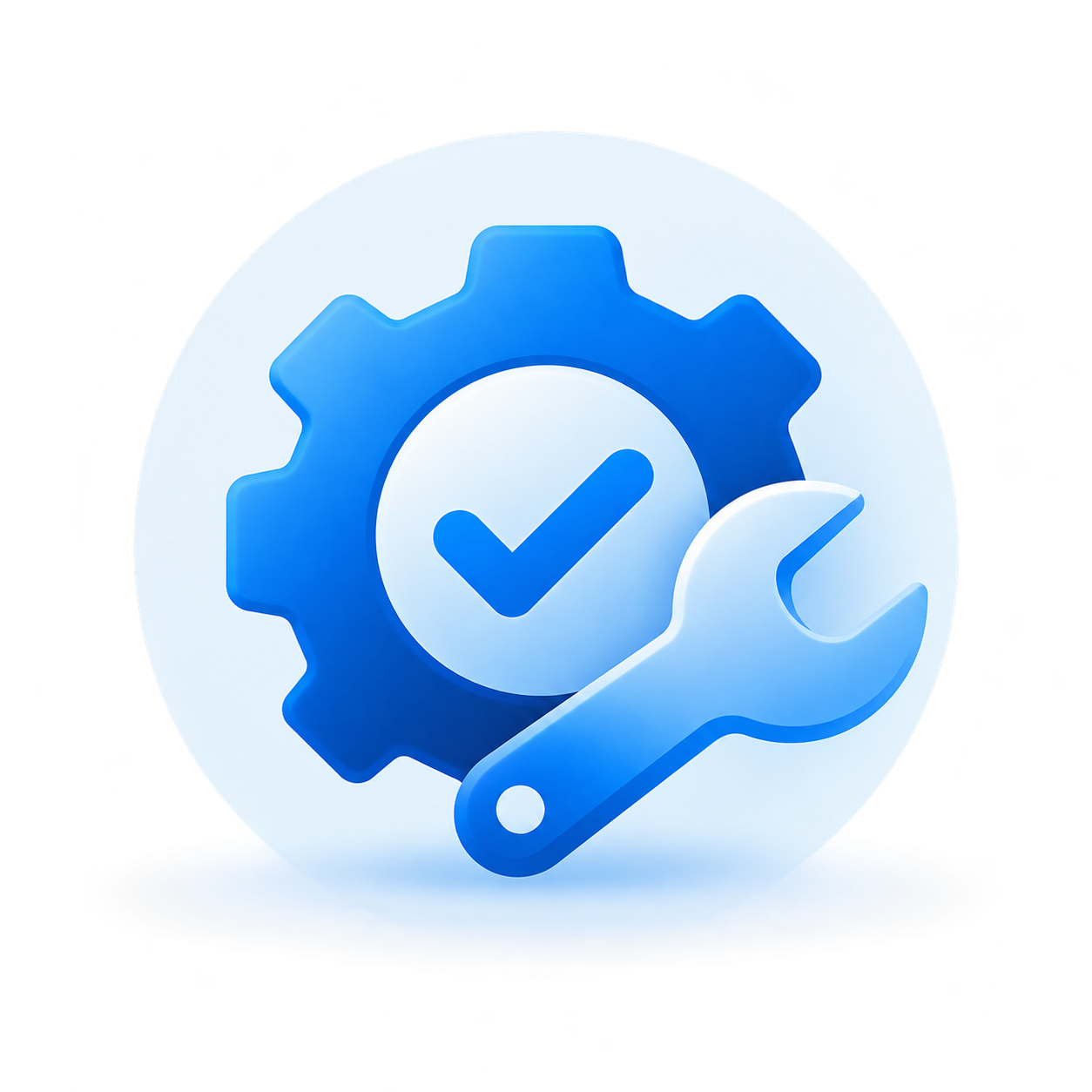 Blue gear with a checkmark and wrench representing vulnerability remediation and security retesting.