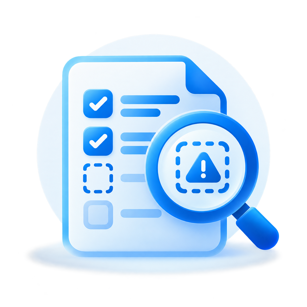 Blue security checklist with a magnifying glass highlighting gaps in cybersecurity controls.