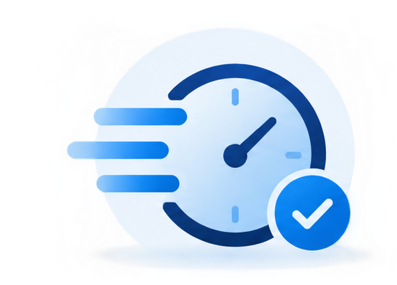 Blue stopwatch icon with a checkmark representing faster security testing and reduced delays.