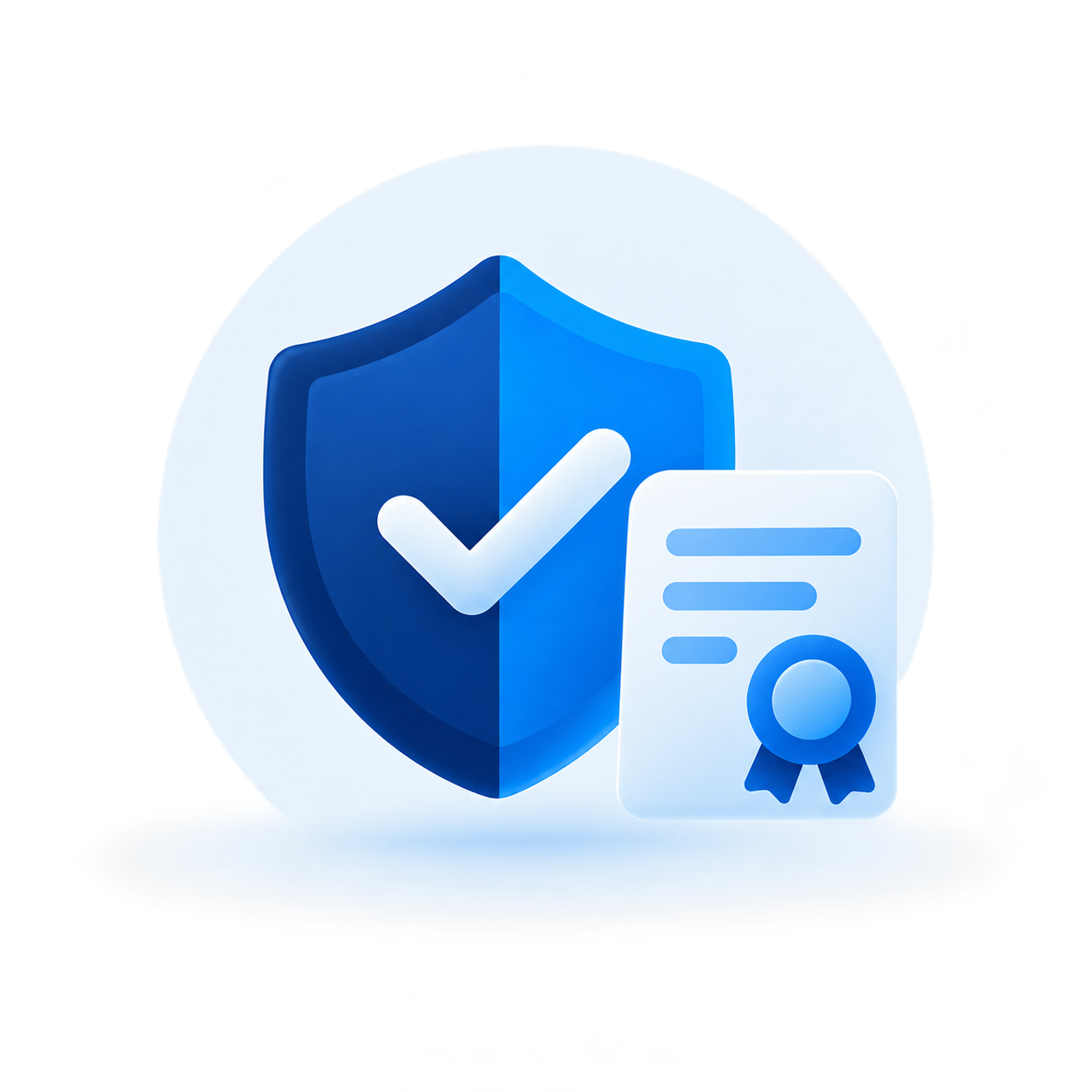 Blue security shield with a checkmark and certification document representing independent cybersecurity assurance.