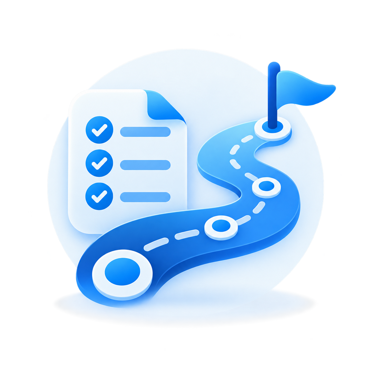 Blue checklist with a winding roadmap and flag representing prioritised cybersecurity remediation and improvement planning.