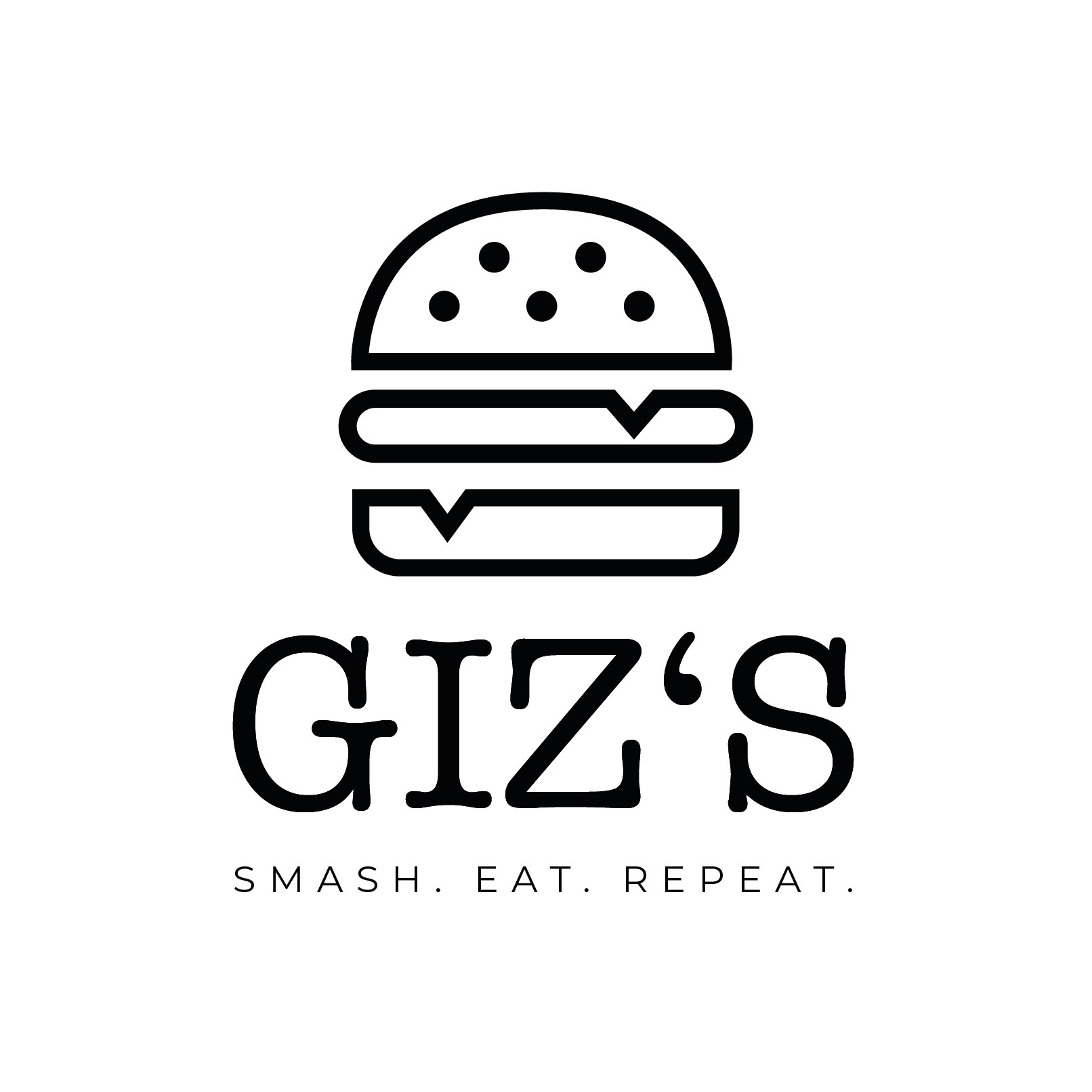 Schwarzes Logo mit einer stilisierten Hamburger-Silhouette, darunter der Schriftzug "Smashed", und der Slogan "Smash. Eat. Repeat".