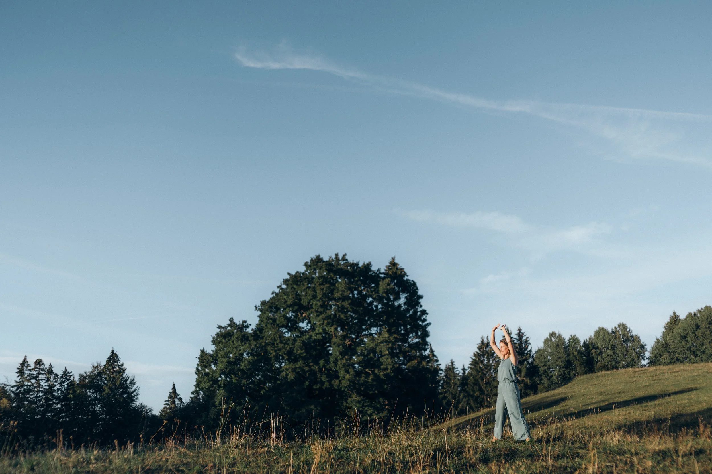 Eine junge Frau steht auf einer grünen Wiese und macht Yoga-Übungen. Im Hintergrund sind hohe Bäume und ein blauer Himmel mit wenigen Wolken.