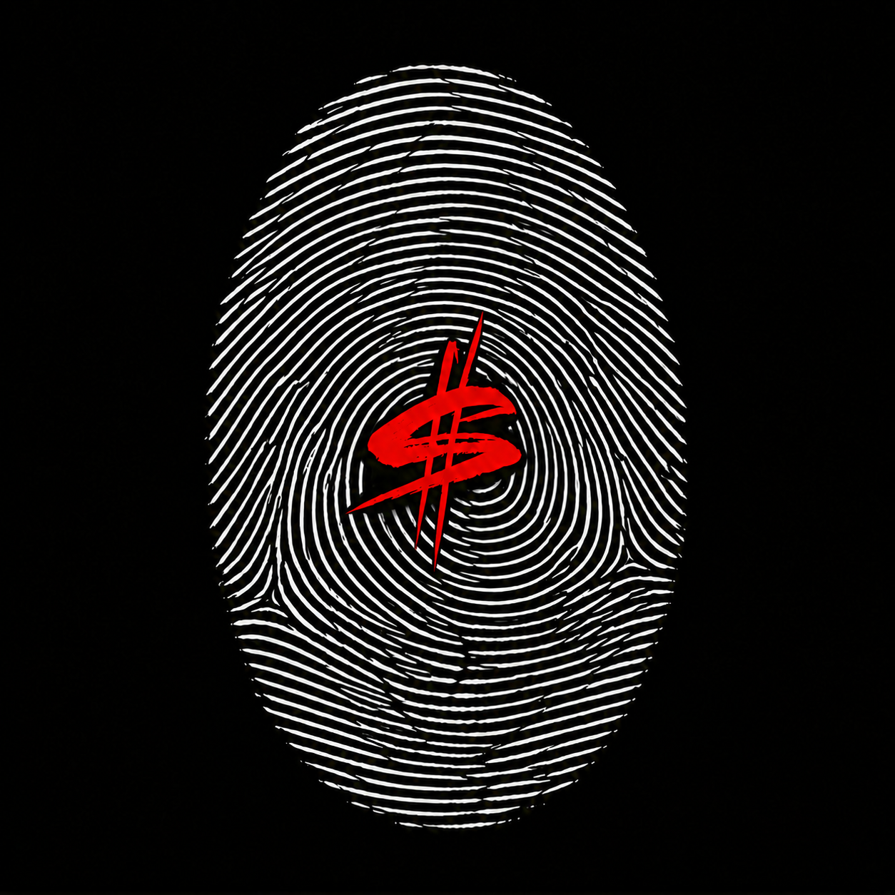 A fingerprint highlighted in white lines on a black background with a red stylized dollar sign overlayed in the center.