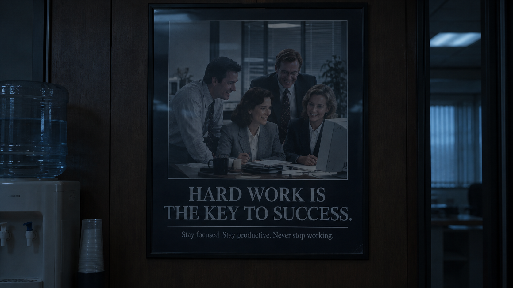 Cartel corporativo en una oficina fría.png