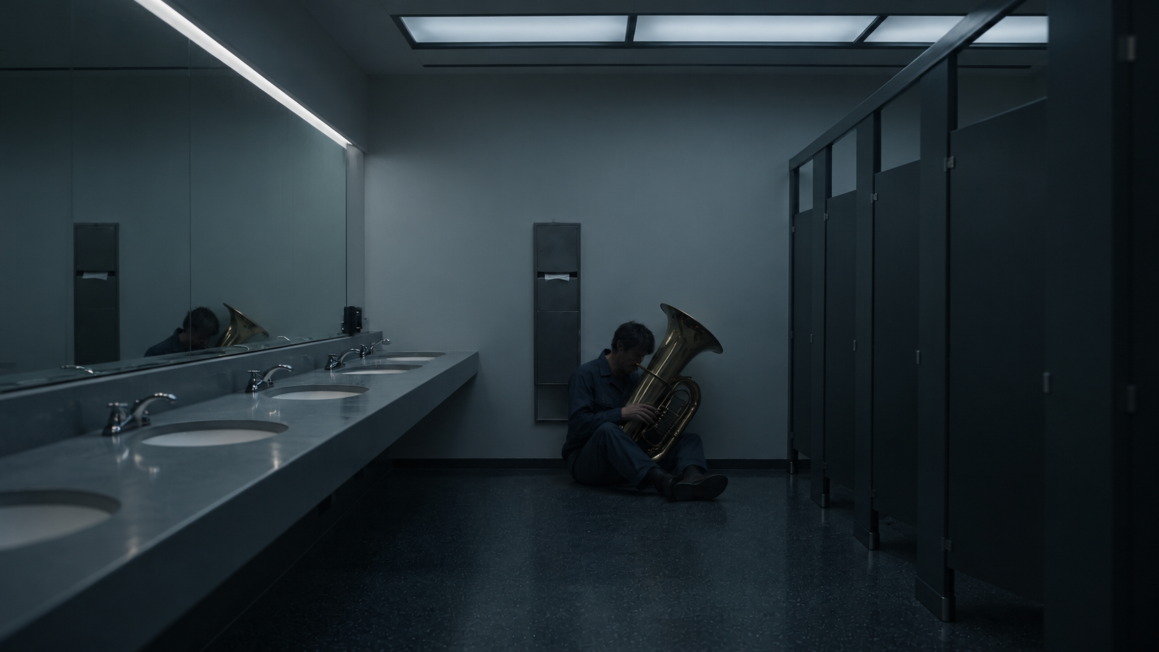 Músico solitario en baño azul sombrío.png