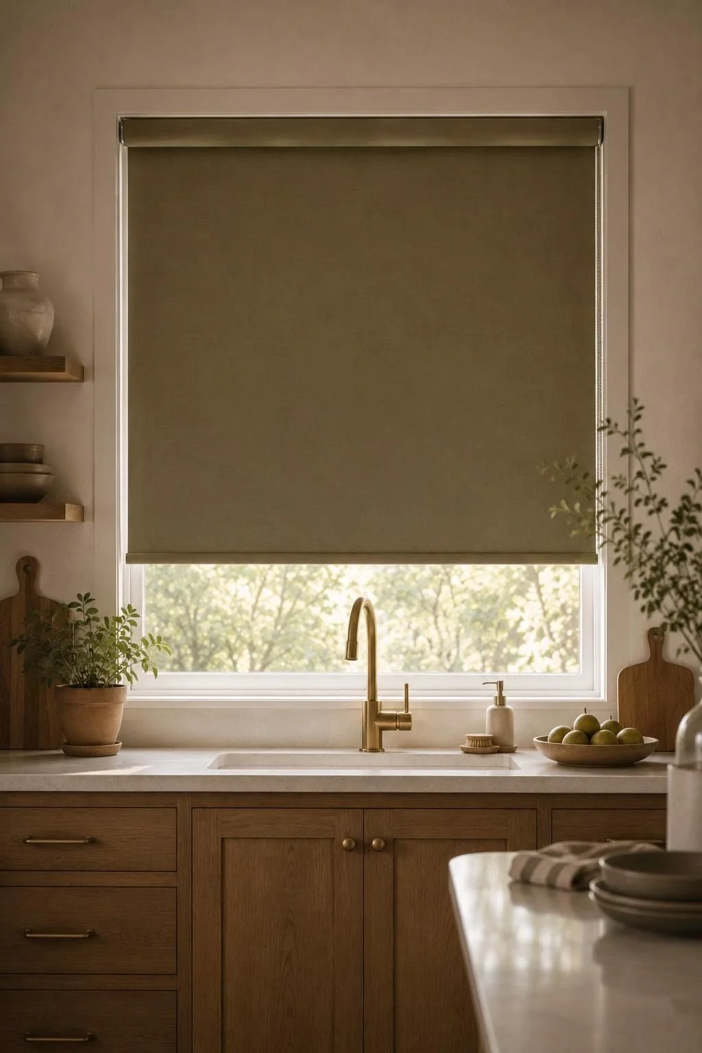 Kitchen window with a beige roller shade, wooden cabinets, potted plant, brass faucet, and bowl of green apples.