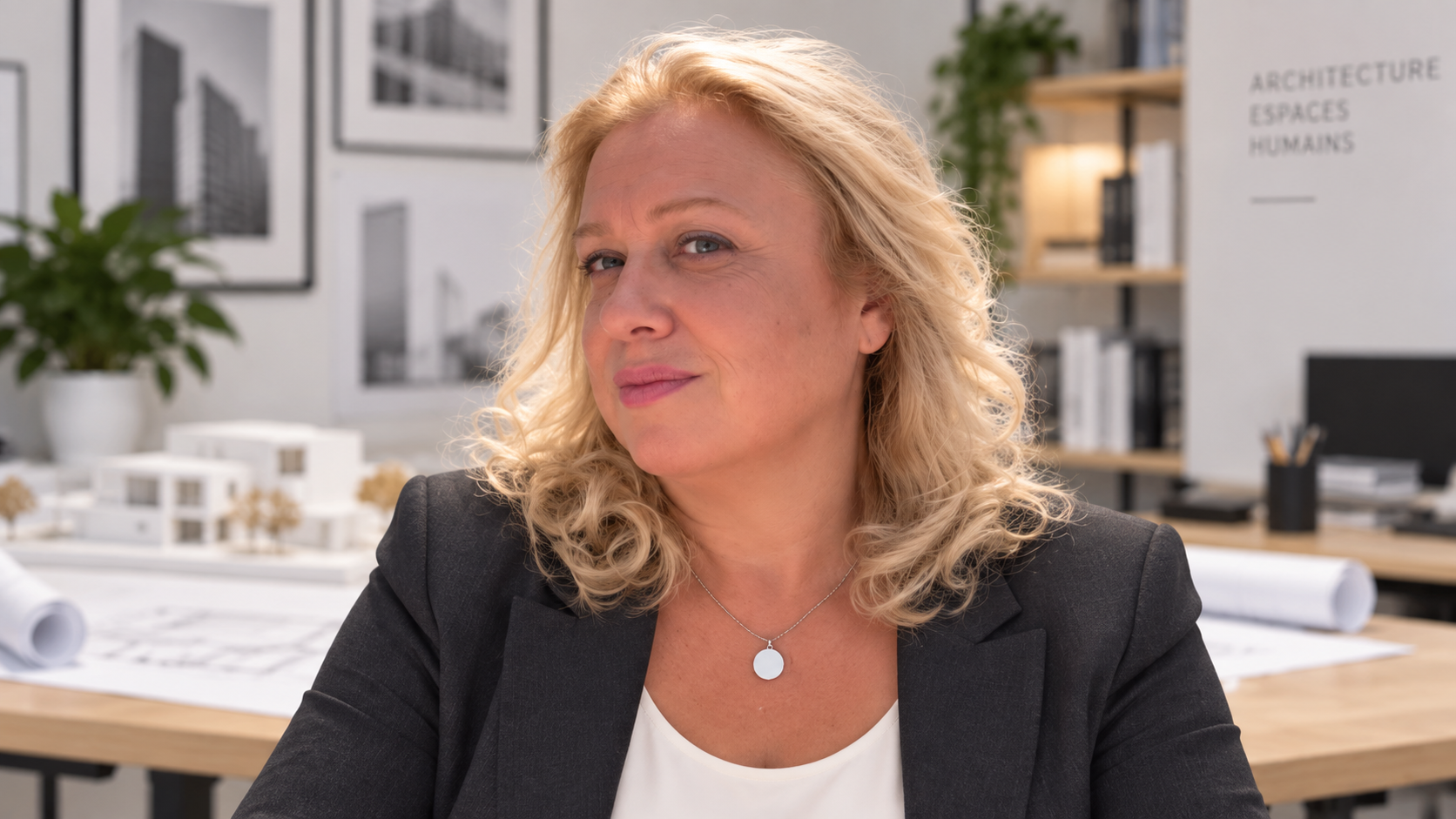 Une femme blonde habillée en noir, assise dans un bureau moderne avec des plans architecturaux sur la table et des affiches d'architecture au mur.