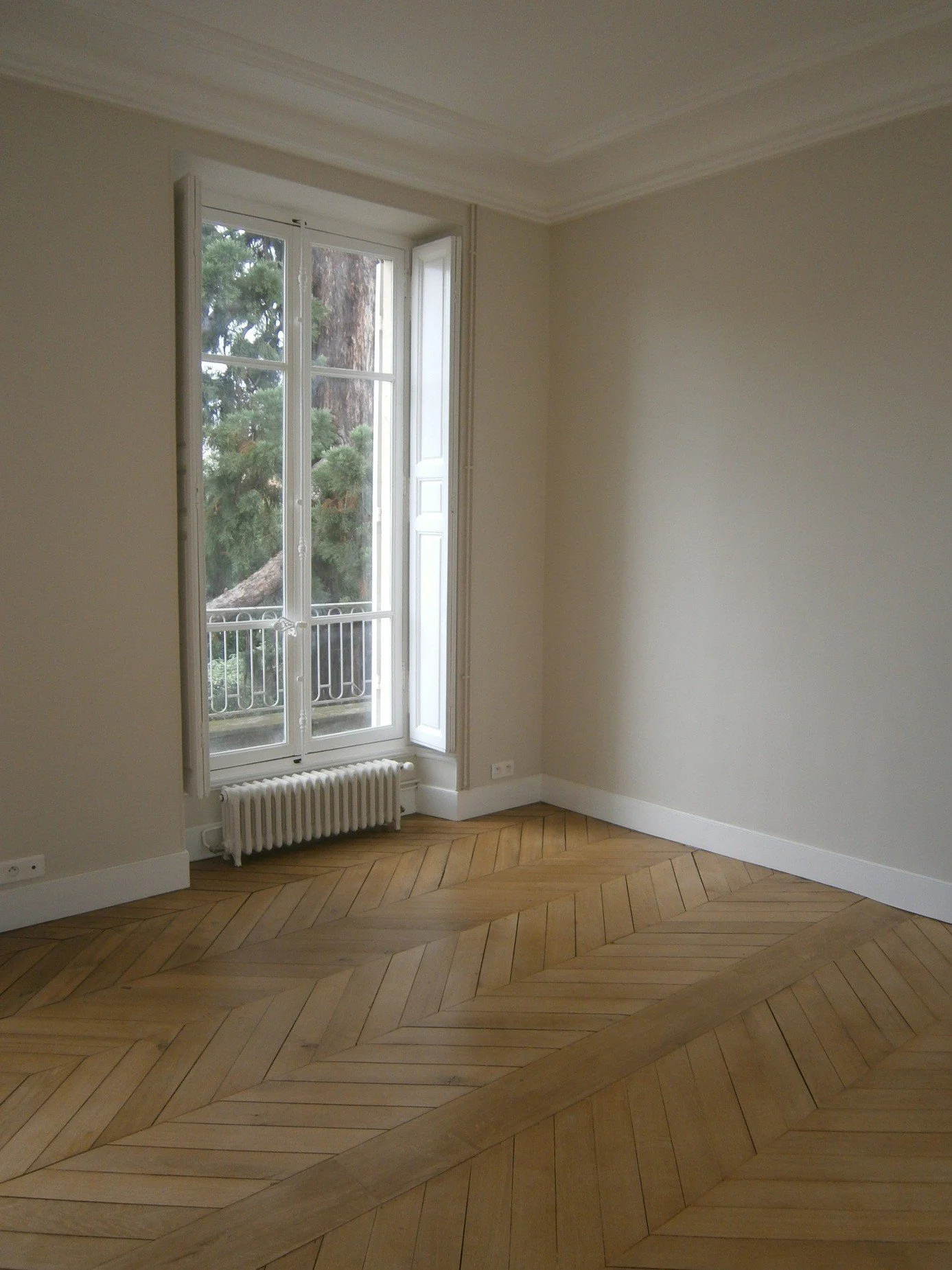 Une pièce vide avec une grande fenêtre donnant sur des arbres, un radiateur sous la fenêtre, murs crème avec moulures, parquet en bois clair en motif chevron.
