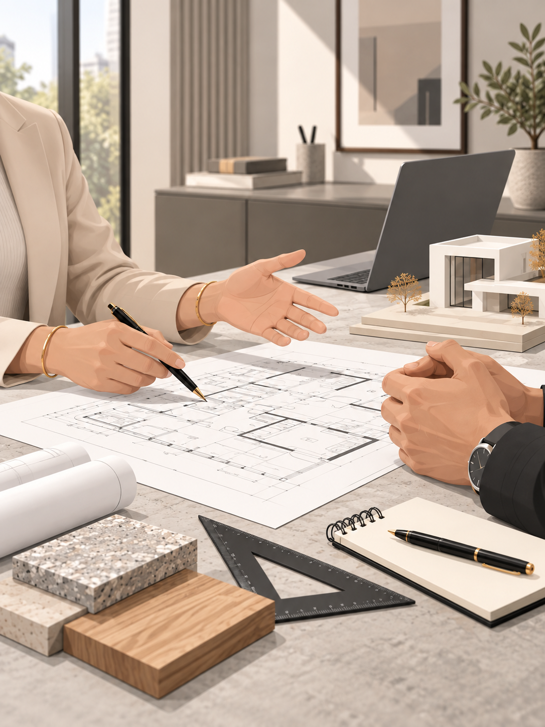 Deux personnes en réunion discutent autour de plans architecturaux sur une table. Sur la table, il y a des échantillons de matériaux, un modèle réduit de bâtiment, un ordinateur portable, un carnet avec un stylo, et des outils de dessin.