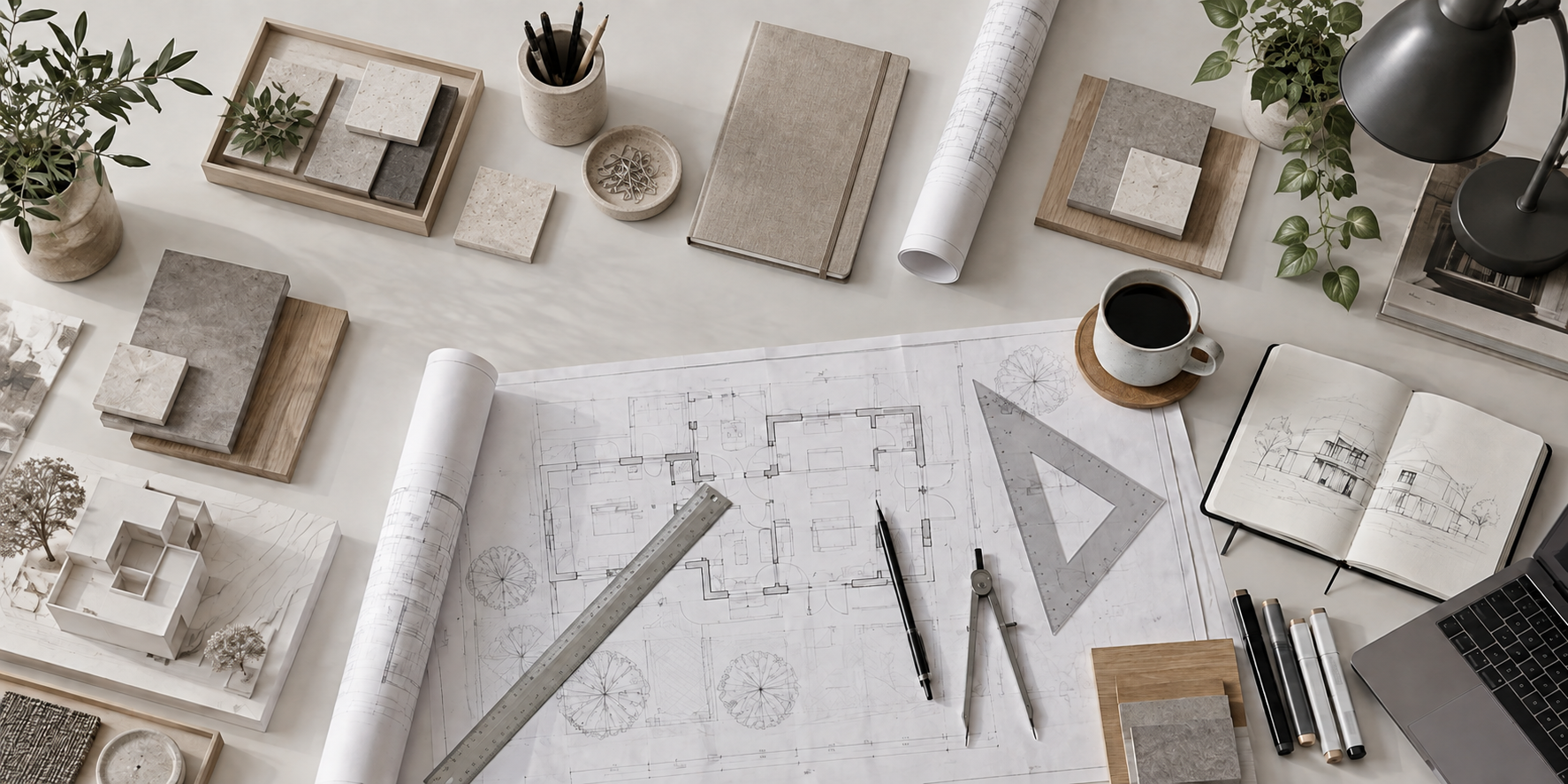 Plan d'architecture d'une maison avec accessoires de dessin, tasses de café, plantes, et échantillons de matériaux sur une table de travail.