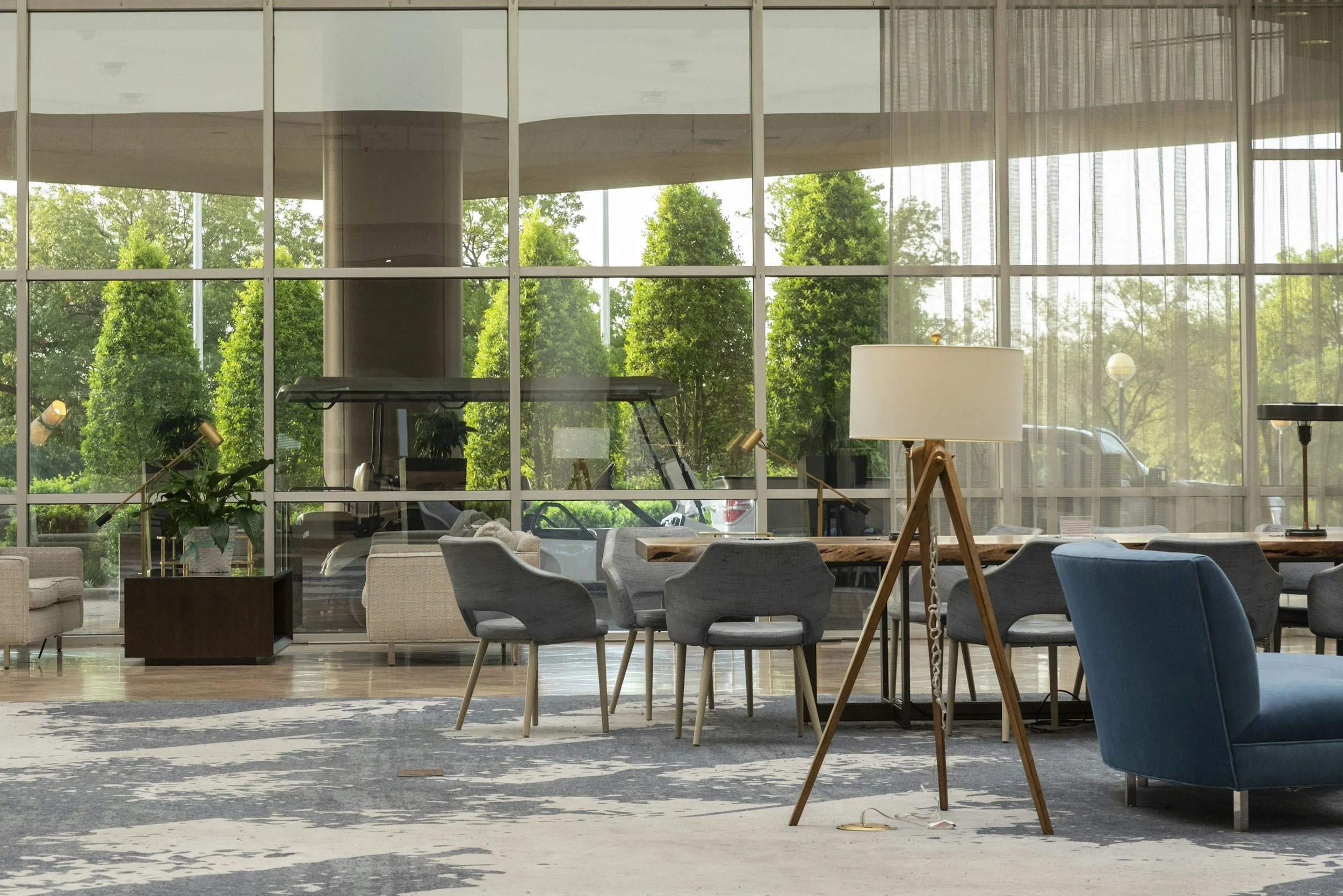 Hotel lounge furnished with modern seating and tables