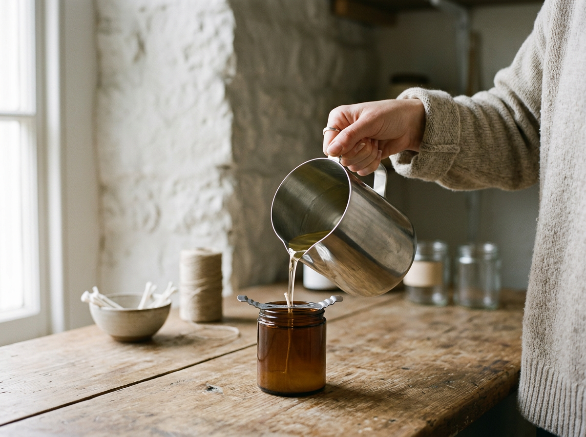 Person pouring liquid from a small metal pitcher into a brown glass jar on a wooden table in a rustic kitchen.