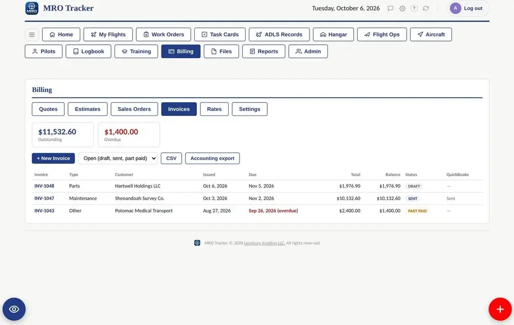 MRO Tracker billing and invoices