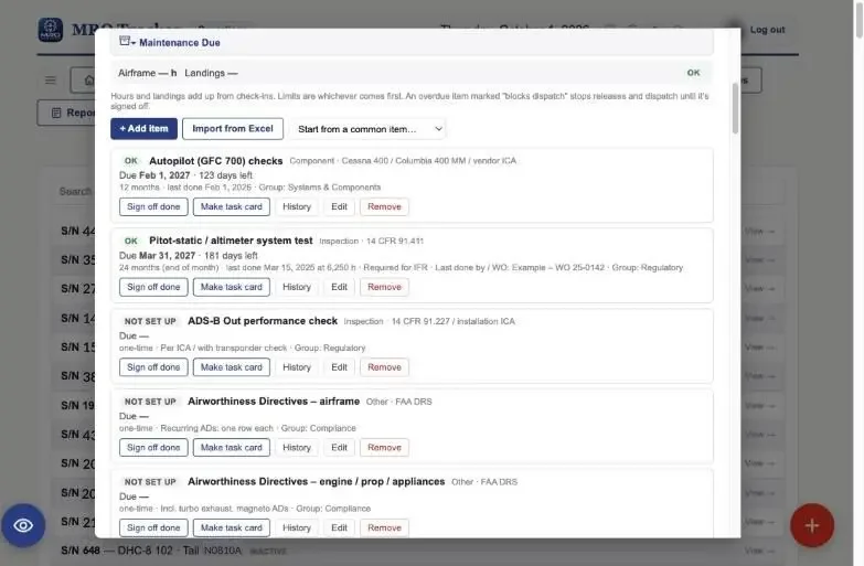 MRO Tracker maintenance due list