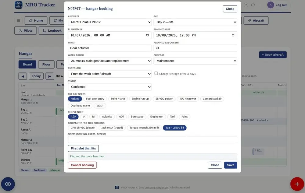 MRO Tracker hangar booking board