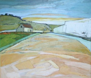 A landscape painting of a countryside with farm buildings, rolling green hills, and a light-colored sky.