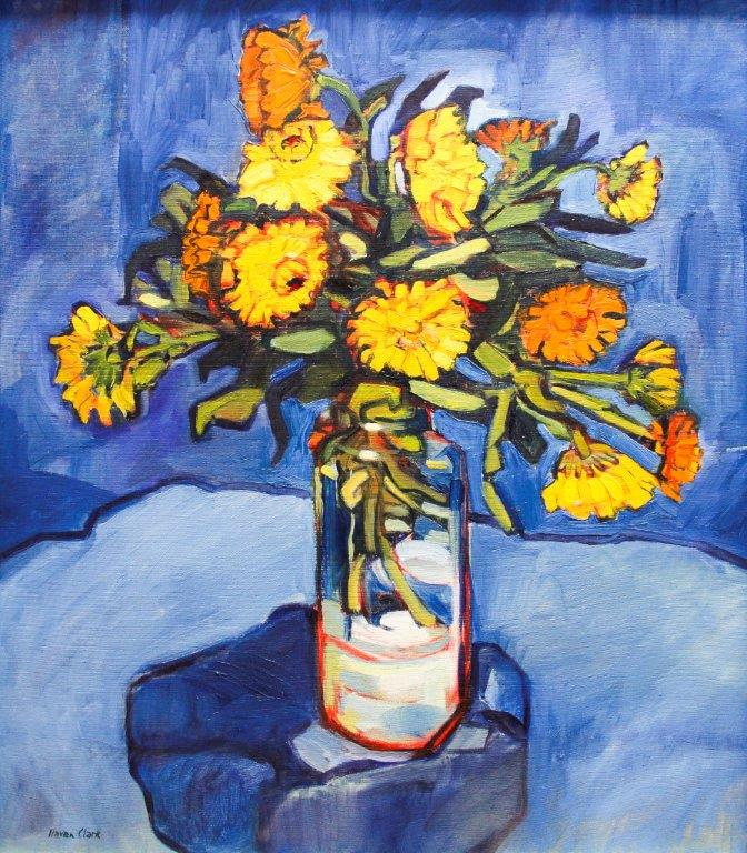 Painting of a yellow and orange bouquet of flowers in a glass vase on a table with a blue background.