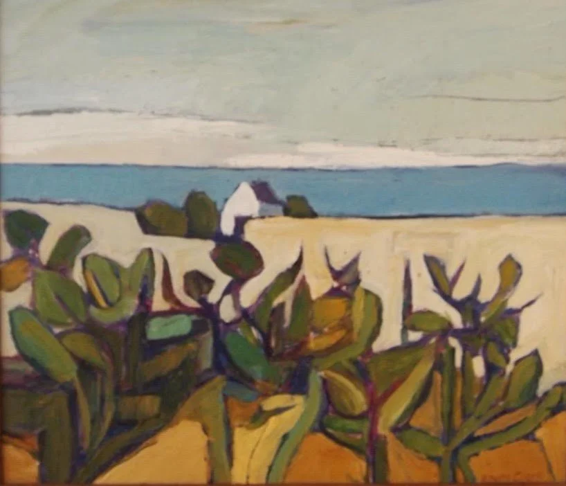 A painting of a landscape with green plants in the foreground, a white house with a dark roof in the middle, and a blue body of water in the background under a light-colored sky.