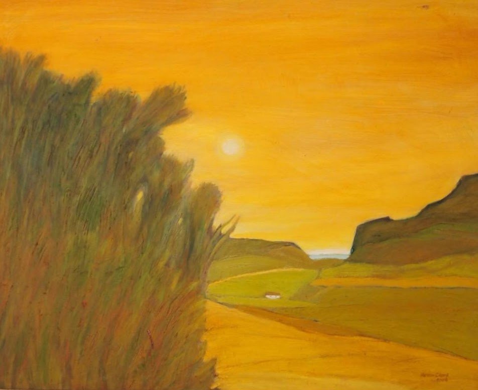 A painting of a sunset over a rural landscape with green fields, distant hills, and a cluster of trees on the left side.