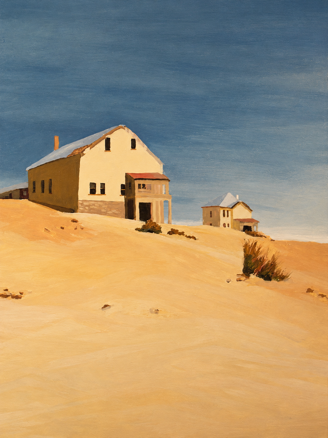 Painting of three houses on a sandy hill under a blue sky.