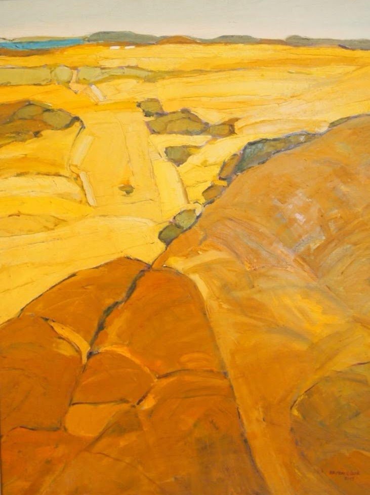 A landscape painting of a mountainous terrain with yellow and orange hues, and a distant view of hills or mountains in the background.