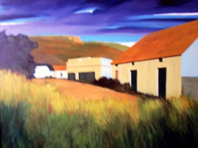 A painting of a rural scene with white buildings with red roofs, grassy fields, and a cloudy sky.
