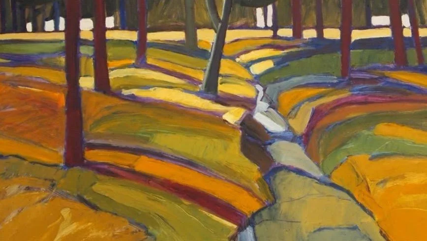 A colorful abstract painting of a wooded landscape with trees and a small stream.