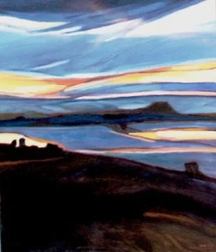 A colorful landscape painting of a sunset over a body of water with land formations in the distance.