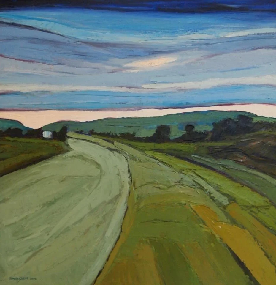 A landscape painting of a rural scene with a winding dirt road, green fields, scattered trees, and a sky with blue and gray clouds during sunset or sunrise.