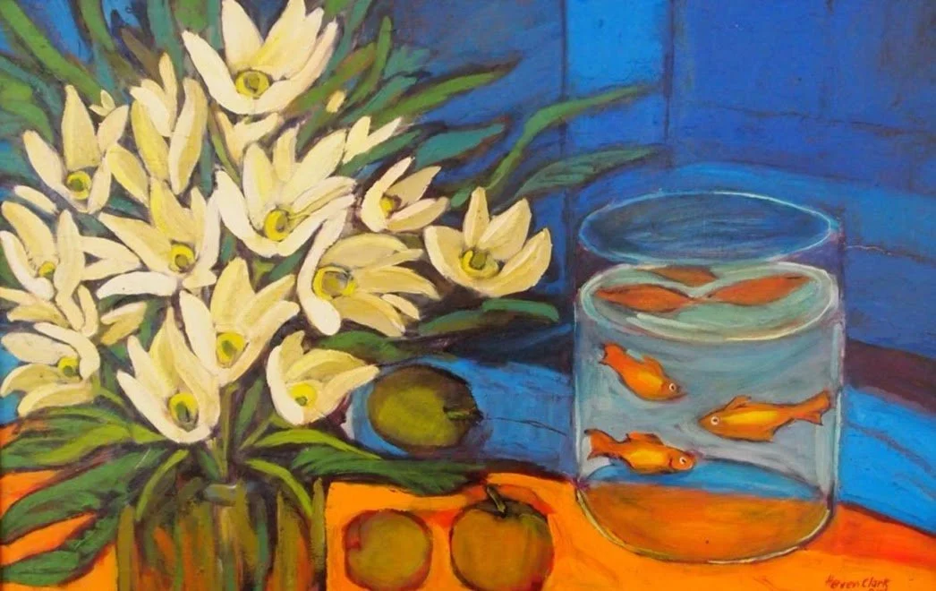 A still life painting featuring a bouquet of white orchids with green leaves in a brown vase, a green apple, and two more apples on an orange surface. To the right, there is a glass container with water and four small orange fish swimming inside, wit